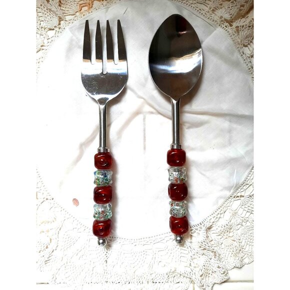 Pampered Chef Large 12" Square Glass Beaded Handled Serving Utensil Set - Picture 4 of 4